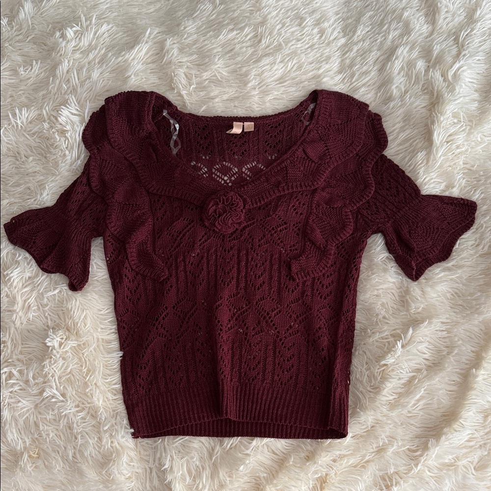 Elegant Burgundy Knit Sweater with Ruffle Accents